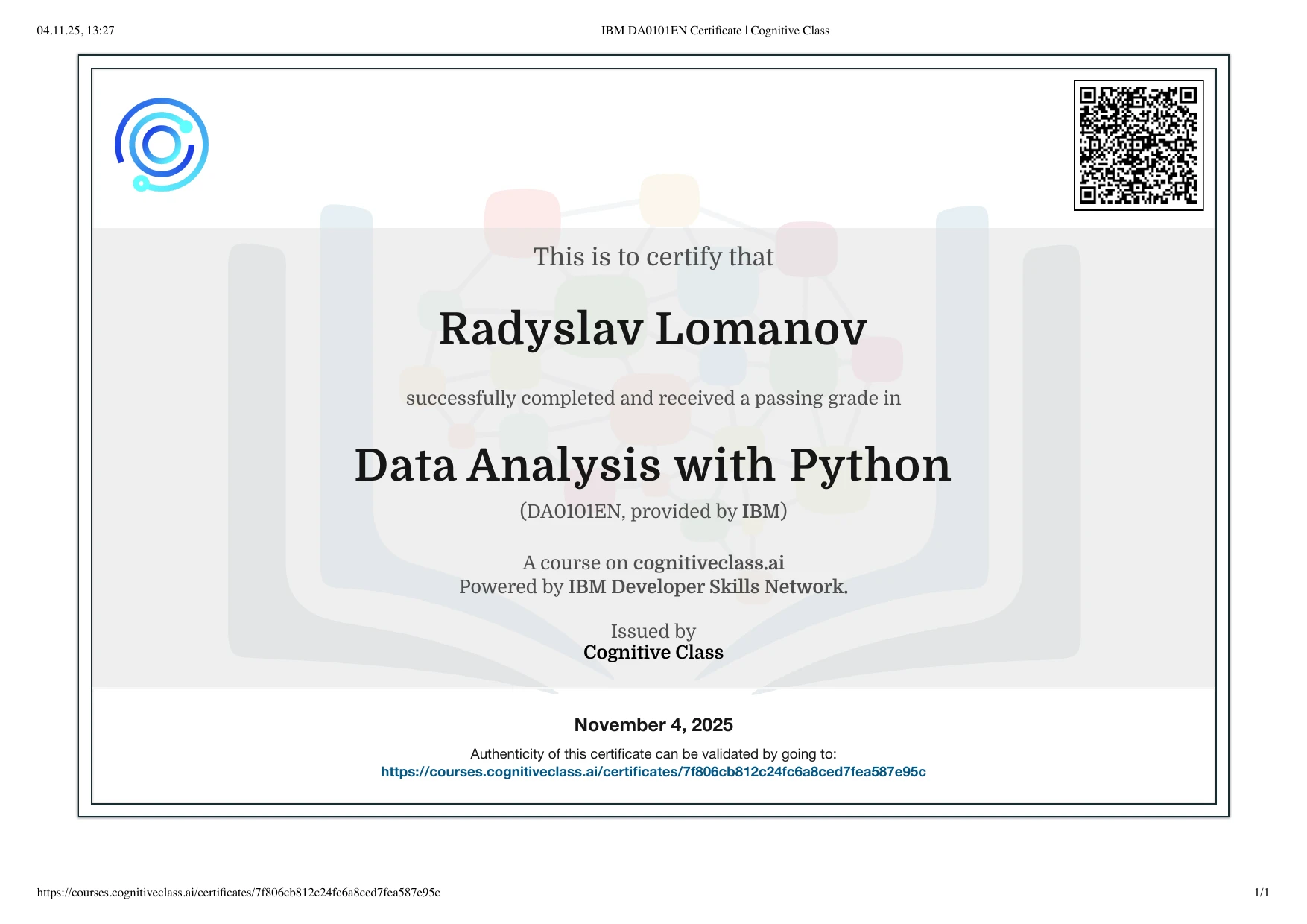 IBM Data Analysis with Python Certificate - Radyslav Lomanov